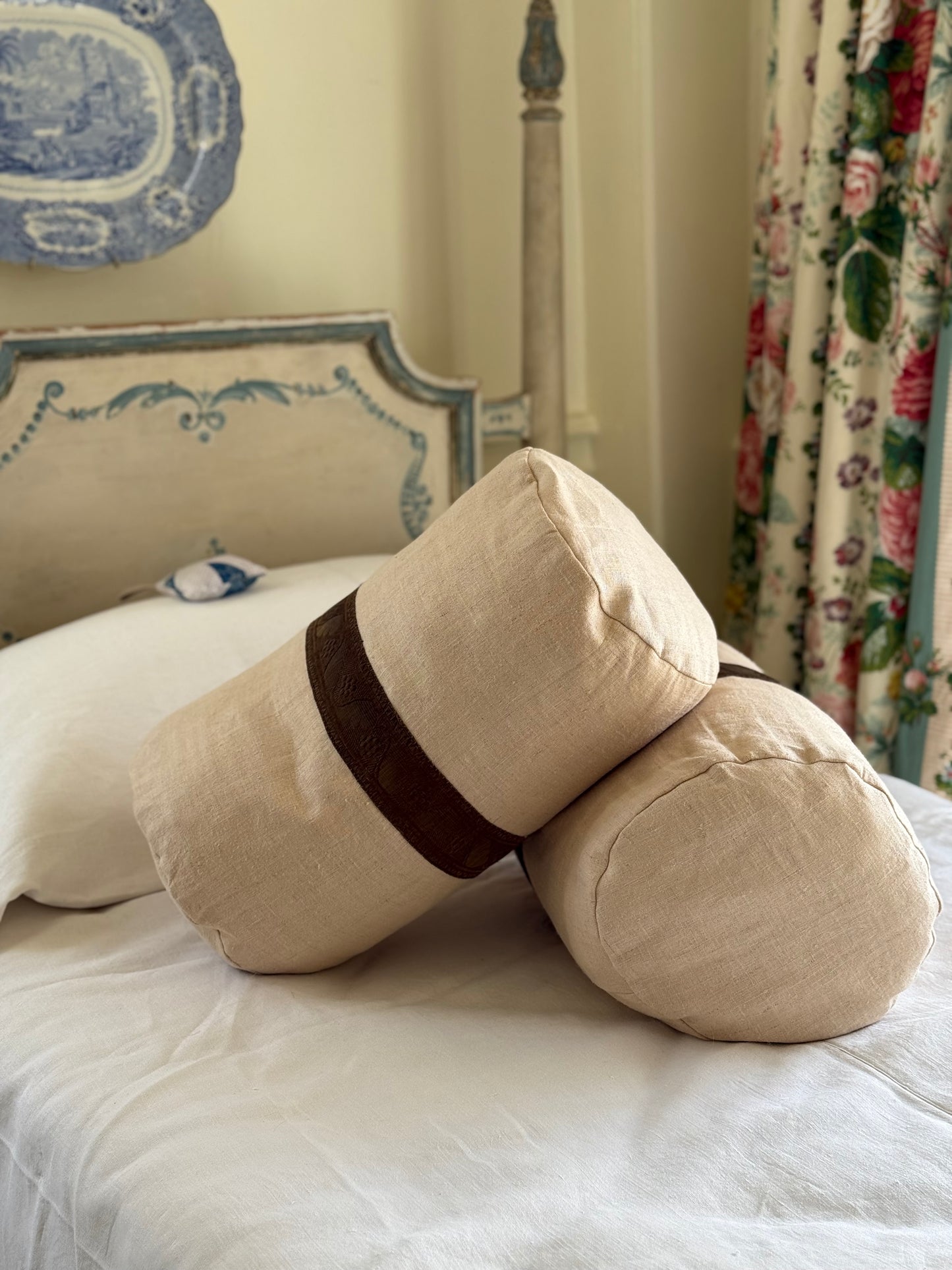 French Linen Bolster with Metallic Border