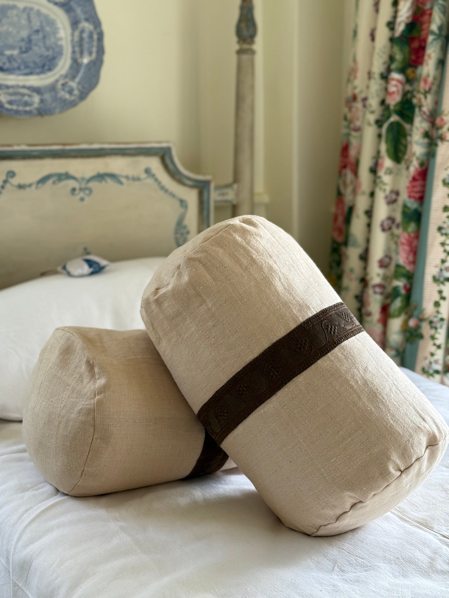 French Linen Bolster with Metallic Border