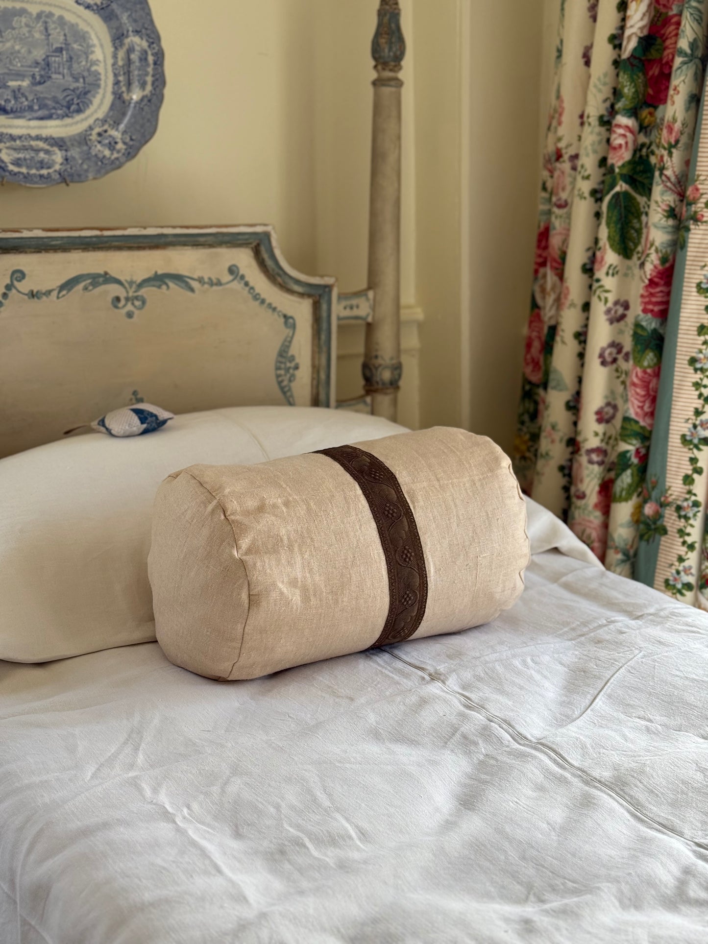 French Linen Bolster with Metallic Border