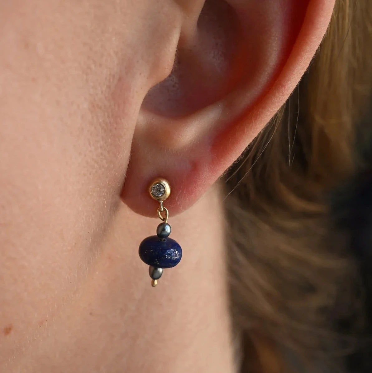 Dunton Ellerkamp Antique Diamond, Lapis & Pearl Earnings, 18k