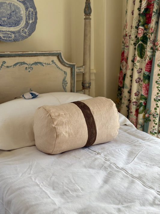 French Linen Bolster with Metallic Border