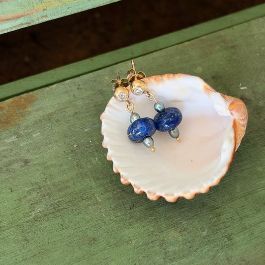 Dunton Ellerkamp Antique Diamond, Lapis & Pearl Earnings, 18k