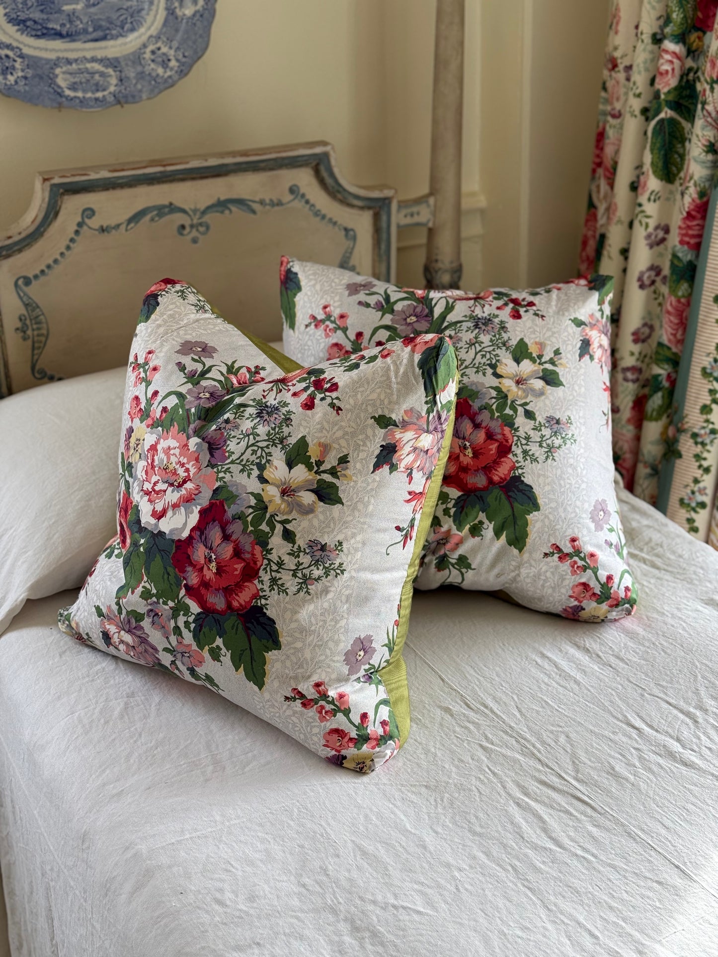 Mario Buatta Chintz and Silk Moire Pillows
